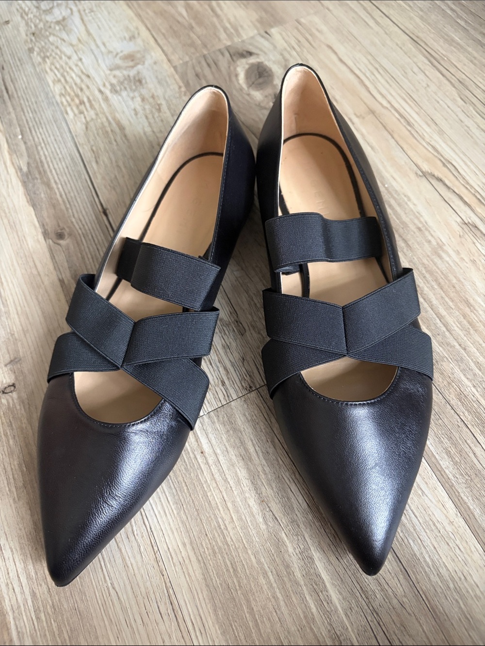 Pointed Toe Black Flats with Crisscross Elastic Straps